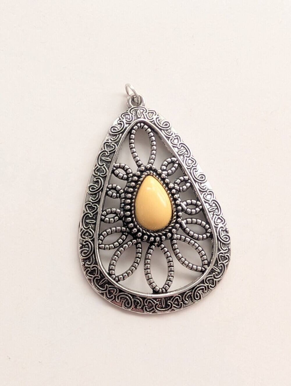 Vintage Silver Tone Filigree Southwestern Western Faux Stone Teardrop Pendant